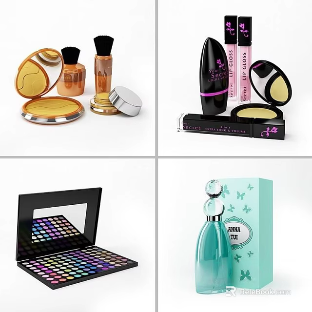 Elegant Perfume Cosmetics Collection With Eyeshadow Palette Compact Powder Lipstick And Makeup Brush 3d model 