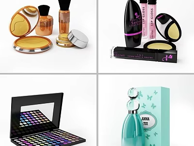 Elegant Perfume Cosmetics Collection With Eyeshadow Palette Compact Powder Lipstick And Makeup Brush 3d model