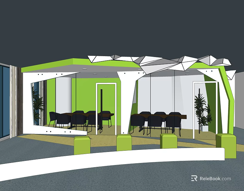Modern Green And White Conference Room Interior With Tables Chairs And Plants 3d model 