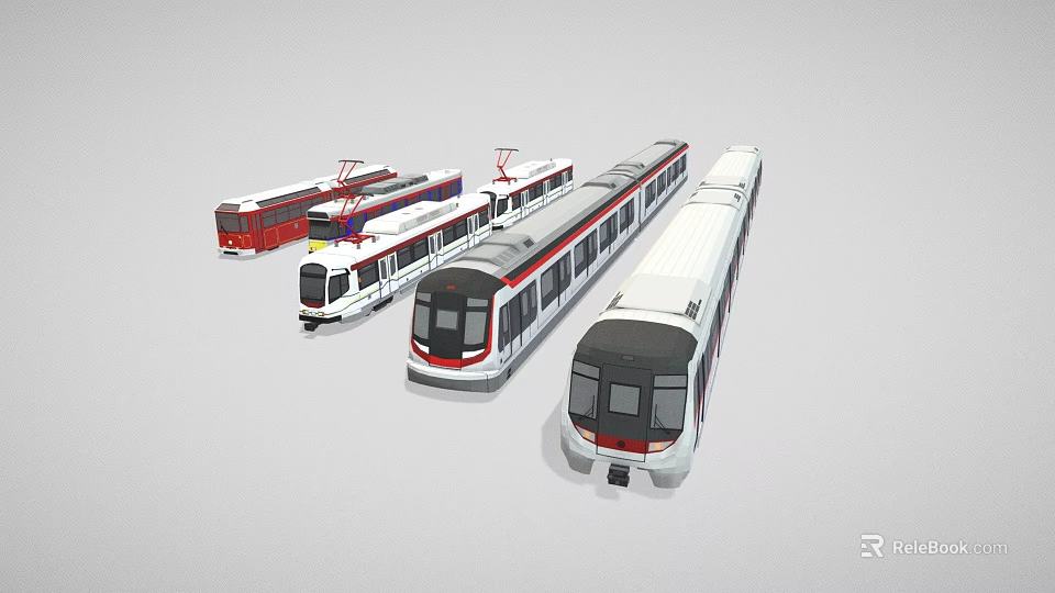 Modern Metro Trains With Multiple Subway Cars In White And Red Designs 3d model 