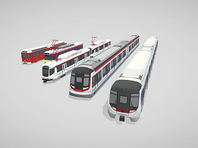 Modern Metro Trains With Multiple Subway Cars In White And Red Designs 3d model