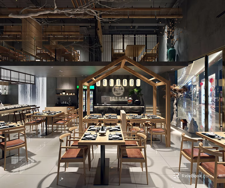 Traditional Modern Restaurant Interior With Wooden Tables Chairs And Decorative Lighting Fixtures 3d model 