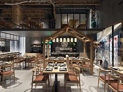 Traditional Modern Restaurant Interior With Wooden Tables Chairs And Decorative Lighting Fixtures 3d model