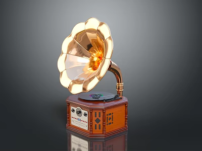 Classic Vintage Phonograph With Golden Flower Shaped Horn And Decorative Wooden Base 3d model