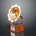 Classic Vintage Phonograph With Golden Flower Shaped Horn And Decorative Wooden Base