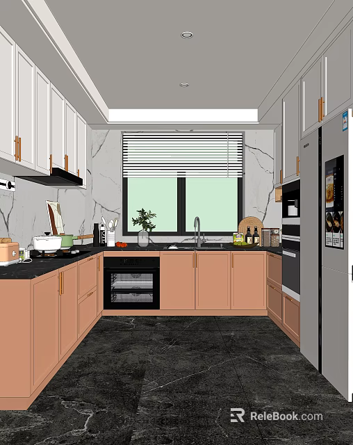 Modern Kitchen Interior With White Pink Cabinets Black Countertop Appliances And Window Blinds 3d model 
