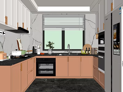 Modern Kitchen Interior With White Pink Cabinets Black Countertop Appliances And Window Blinds 3d model