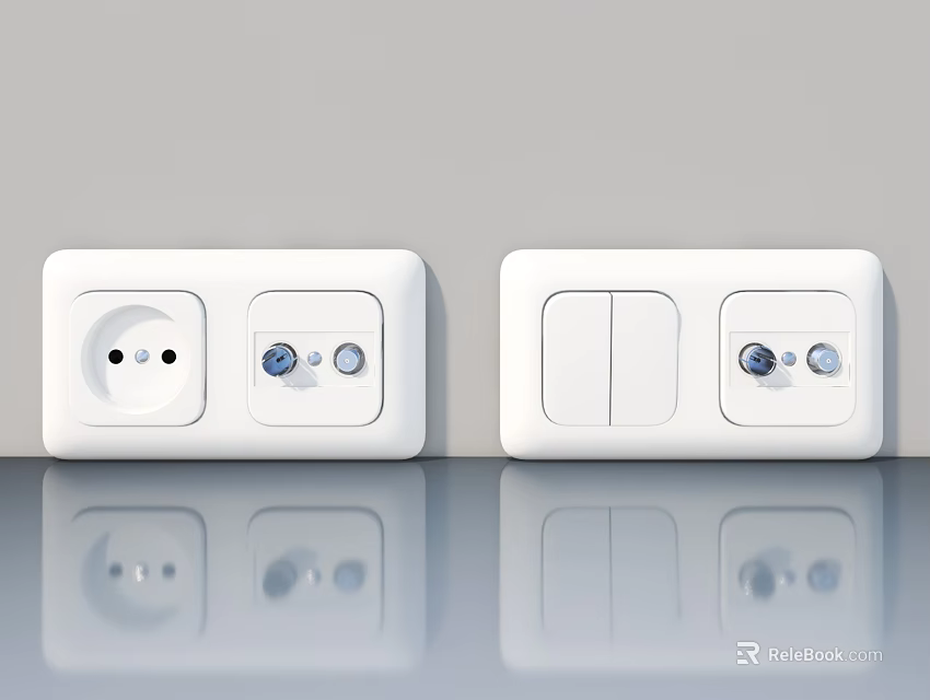 White Flat Door Style Switches And Sockets With Modern Design On Light Gray Wall 3d model 