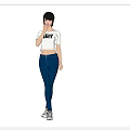 Woman in White Crop Top with MOM Print and Blue Leggings in Black Background