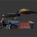 Thai Street Food Cart With Tuk Tuk And Colorful Umbrellas Near Chair
