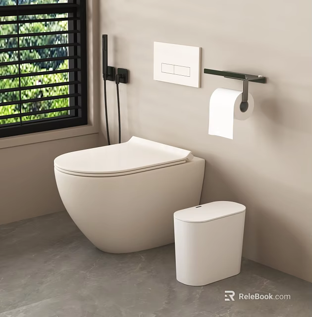 Modern White Toilet Design With Wall Mounted Toilet Paper Holder And Small Trash Bin 3d model 
