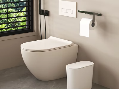 Modern White Toilet Design With Wall Mounted Toilet Paper Holder And Small Trash Bin 3d model
