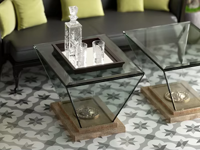 Stylish Glass Top Coffee Tables With Wooden Base Decanter And Glasses On Tray 3d model