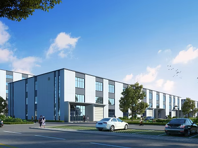 Modern Industrial Factory Building Exterior With Large Glass Windows Green Trees And Vehicles By Roadside 3d model