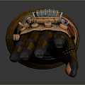 Steampunk Character Wearing Mechanical Glove With Brass Gears Clock And Leather Straps