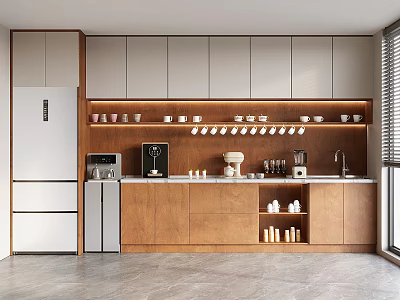 Modern Tea Room Interior Design With Wooden Cabinets White Refrigerator Coffee Machine Sink And Cups 3d model