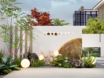 Elegant Garden Landscape Design with White Wall Circular Decor Stone Elements Green Plants Lighting 3d model