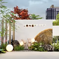 Elegant Garden Landscape Design with White Wall Circular Decor Stone Elements Green Plants Lighting