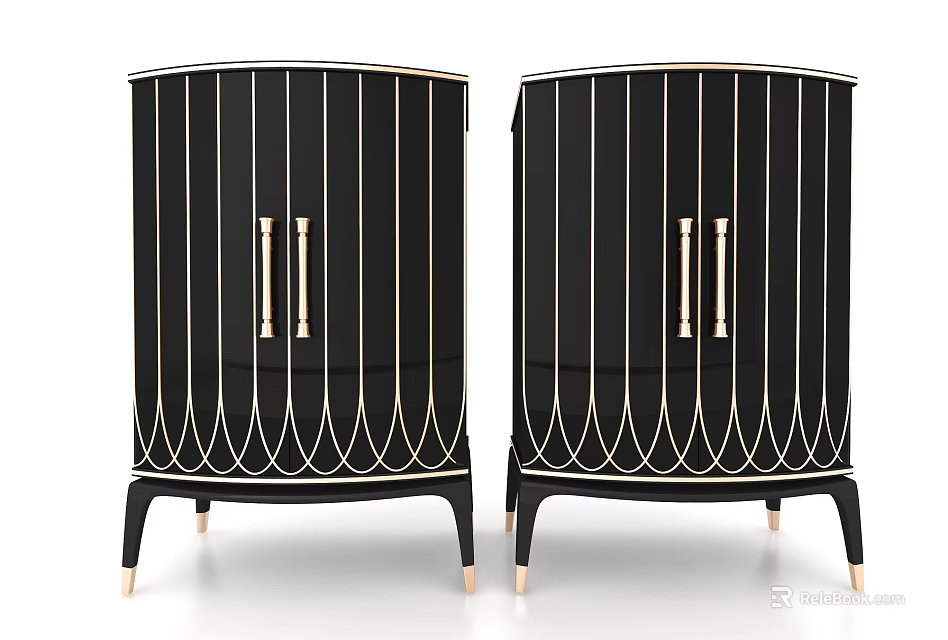 Elegant Black Decorative Cabinet With Gold Trim Double Doors And Tapered Legs 3d model 
