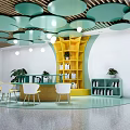 Modern School Library With Circular Bookshelves Green Cloud Ceiling And Colorful Chairs