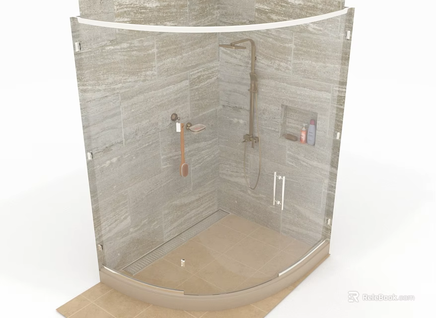 Modern Glass Shower Enclosure With Gray Stone Tile Walls And Brass Fixtures 3d model 