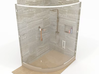 Modern Glass Shower Enclosure With Gray Stone Tile Walls And Brass Fixtures 3d model