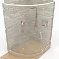 Modern Glass Shower Enclosure With Gray Stone Tile Walls And Brass Fixtures
