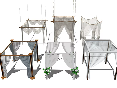 Various Decorative Canopy Frames With White Curtains And Green Floral Accents 3d model