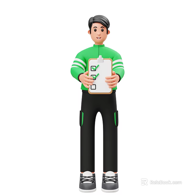 Man Standing in Green Shirt and Black Pants Holding Clipboard with Check Marks 3d model 
