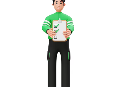 Man Standing in Green Shirt and Black Pants Holding Clipboard with Check Marks 3d model