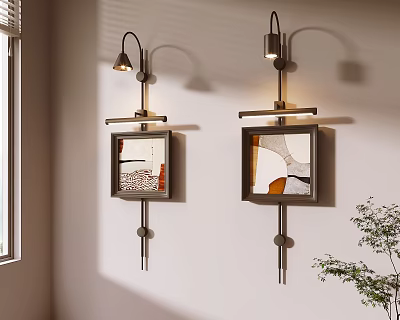 Abstract Paintings Hanging On Wall With Wall Lamps In Modern Interior Space And Green Plant 3d model