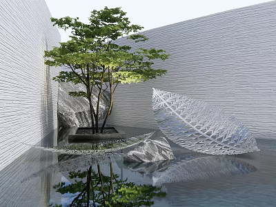 Transparent Leaf Shaped Landscape Sculpture With Tree Water Reflection And White Wall Background 3d model