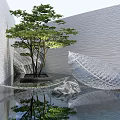 Transparent Leaf Shaped Landscape Sculpture With Tree Water Reflection And White Wall Background 3d model