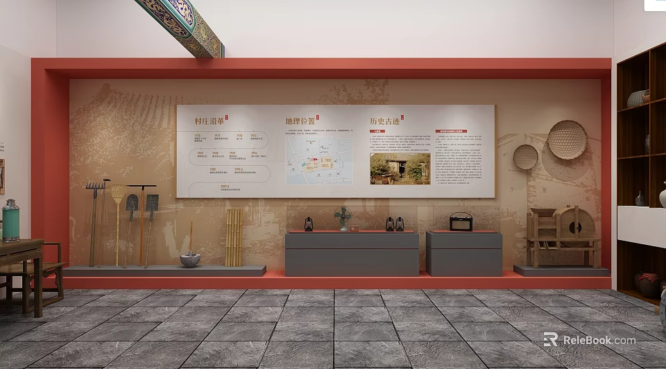 Cultural Museum Interior Featuring Exhibition Boards Display Cabinets And Traditional Artifacts On Stone Tile Floor 3d model 