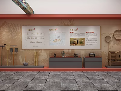 Cultural Museum Interior Featuring Exhibition Boards Display Cabinets And Traditional Artifacts On Stone Tile Floor 3d model