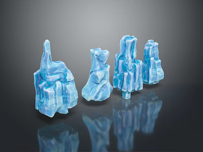 Wood Stone Decorative Pieces In Blue Color With Various Shapes And Reflections On Black Background 3d model