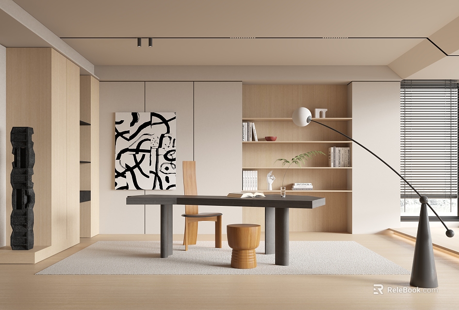 Modern Study Room Interior With Wooden Shelves Desk Artwork And Floor Lamp 3d model 