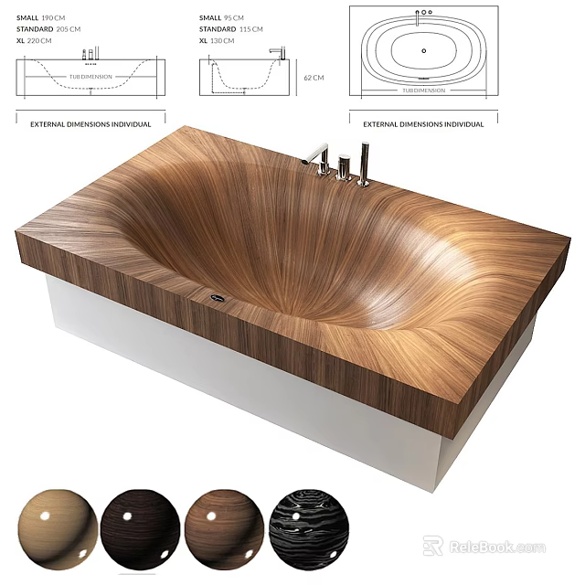 Wooden Bathtub Modern Design with Curved Texture Brass Faucet and Multiple Color Options 3d model 