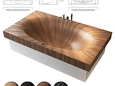 Wooden Bathtub Modern Design with Curved Texture Brass Faucet and Multiple Color Options 3d model