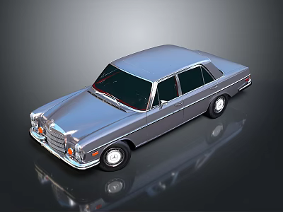 Classic Silver Vintage Sedan With Four Doors Dark Windows White Wheels On Reflective Background 3d model