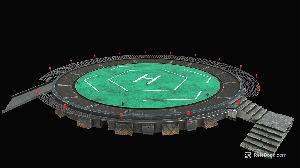 Circular Platform With Green Surface White H Letter Red Markers Railings And Steps 3d model 
