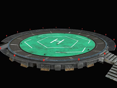 Circular Platform With Green Surface White H Letter Red Markers Railings And Steps 3d model