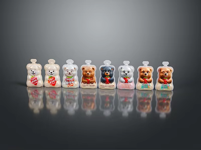 Cute Bear Shaped Food Bottles With Various Designs And Colorful Packaging 3d model