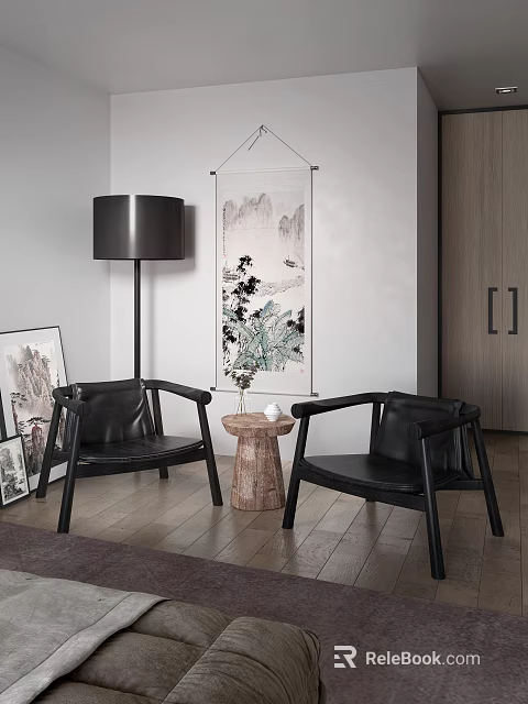 Modern Minimalist Black Leather Chairs With Round Wooden Side Table And Floor Lamp 3d model 