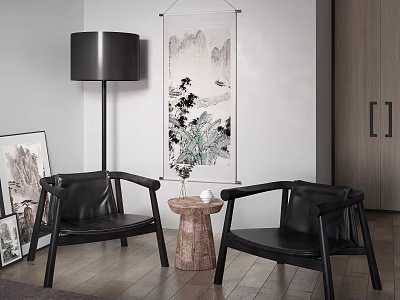 Modern Minimalist Black Leather Chairs With Round Wooden Side Table And Floor Lamp 3d model