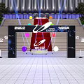 Modern Grand Stadium Exterior With Curved Silver Structure Lighting Steps And Trees At Entrance