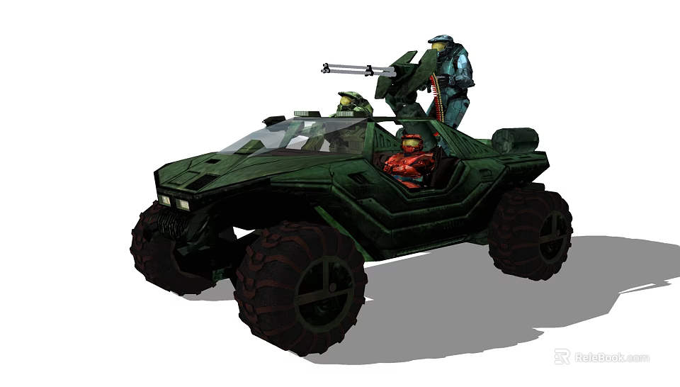 Game Movie Characters in Green Off Road Vehicle with Red Outfit Driver and Rooftop Gunner 3d model 