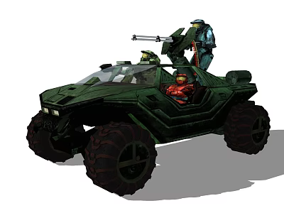 Game Movie Characters in Green Off Road Vehicle with Red Outfit Driver and Rooftop Gunner 3d model