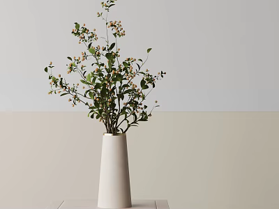 Bonsai Plant With Green Leaves And Small Yellow Flowers In White Vase On Light Tabletop 3d model