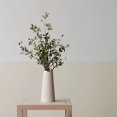 Bonsai Plant With Green Leaves And Small Yellow Flowers In White Vase On Light Tabletop 3d model